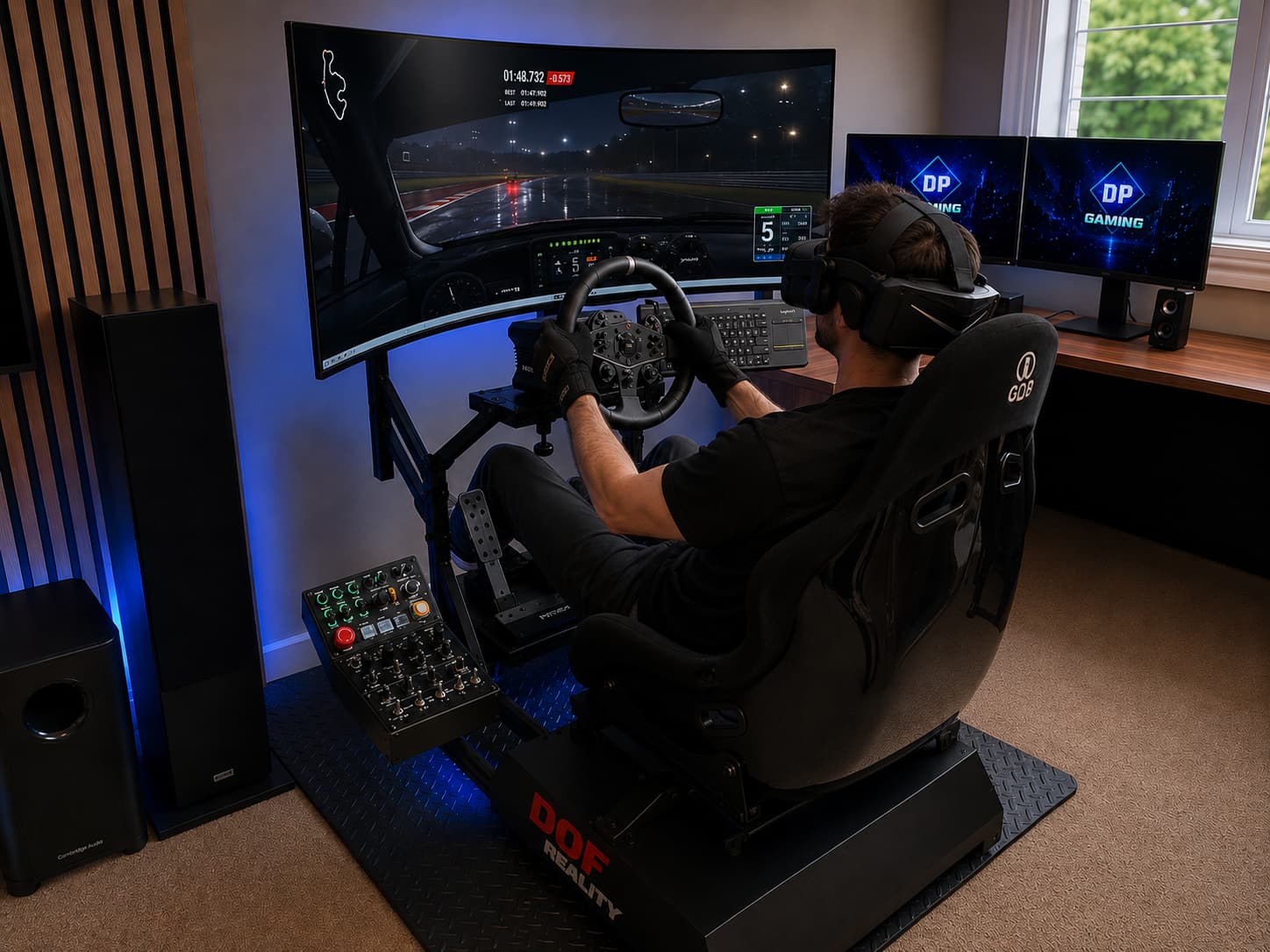 DP Gaming customer using a VR racing simulator setup.